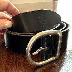 Vintage Polo Ralph Lauren Italy Black Leather Belt Silvertone Brass Buckle Sz 36